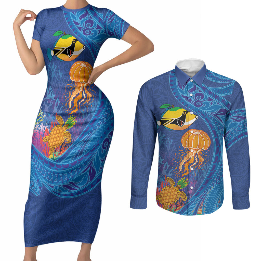 Hawaiian Funny Fruits Sea Animals Couples Matching Short Sleeve Bodycon Dress and Long Sleeve Button Shirt Mango Reef Triggerfish and Pineapple Turtle and Mandarin Jellyfish LT03 Blue - Polynesian Pride