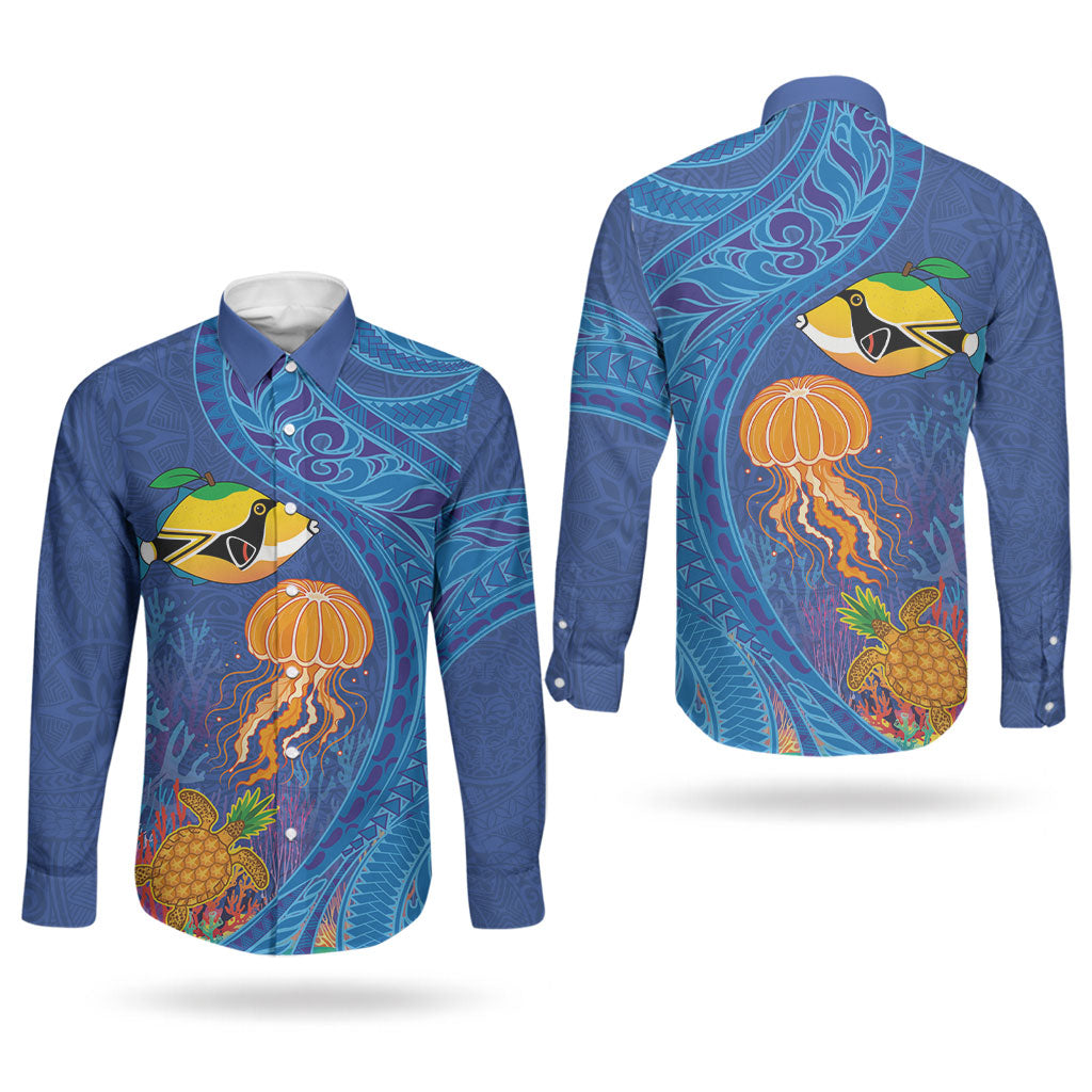 Hawaiian Funny Fruits Sea Animals Couples Matching Short Sleeve Bodycon Dress and Long Sleeve Button Shirt Mango Reef Triggerfish and Pineapple Turtle and Mandarin Jellyfish LT03 - Polynesian Pride