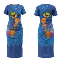 Hawaiian Funny Fruits Sea Animals Couples Matching Short Sleeve Bodycon Dress and Long Sleeve Button Shirt Mango Reef Triggerfish and Pineapple Turtle and Mandarin Jellyfish LT03 - Polynesian Pride