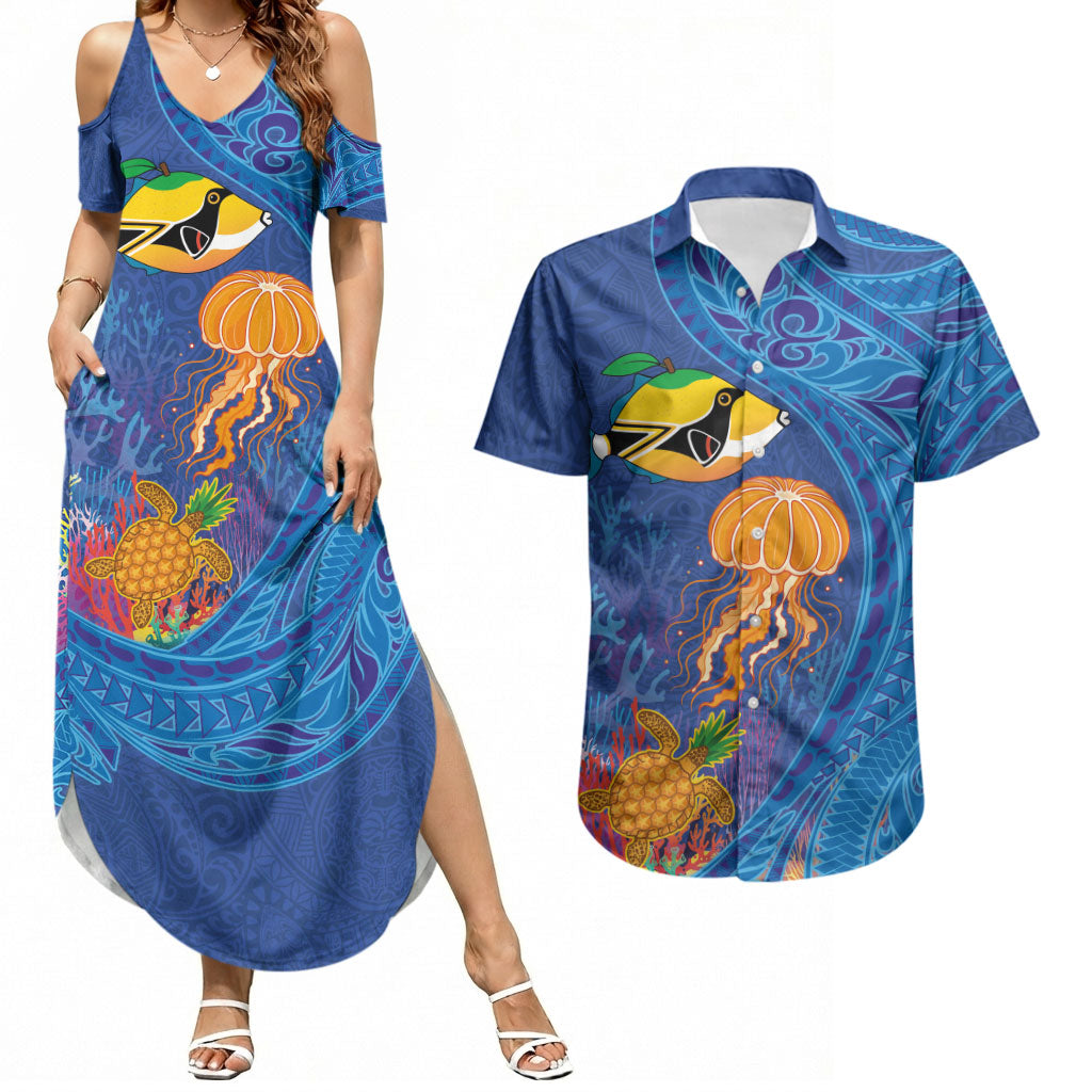 Hawaiian Funny Fruits Sea Animals Couples Matching Summer Maxi Dress and Hawaiian Shirt Mango Reef Triggerfish and Pineapple Turtle and Mandarin Jellyfish LT03 Blue - Polynesian Pride