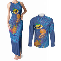 Hawaiian Funny Fruits Sea Animals Couples Matching Tank Maxi Dress and Long Sleeve Button Shirt Mango Reef Triggerfish and Pineapple Turtle and Mandarin Jellyfish LT03 Blue - Polynesian Pride