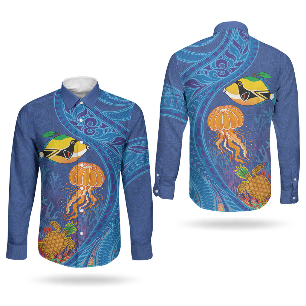 Hawaiian Funny Fruits Sea Animals Couples Matching Tank Maxi Dress and Long Sleeve Button Shirt Mango Reef Triggerfish and Pineapple Turtle and Mandarin Jellyfish LT03 - Polynesian Pride