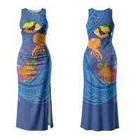 Hawaiian Funny Fruits Sea Animals Couples Matching Tank Maxi Dress and Long Sleeve Button Shirt Mango Reef Triggerfish and Pineapple Turtle and Mandarin Jellyfish LT03 - Polynesian Pride