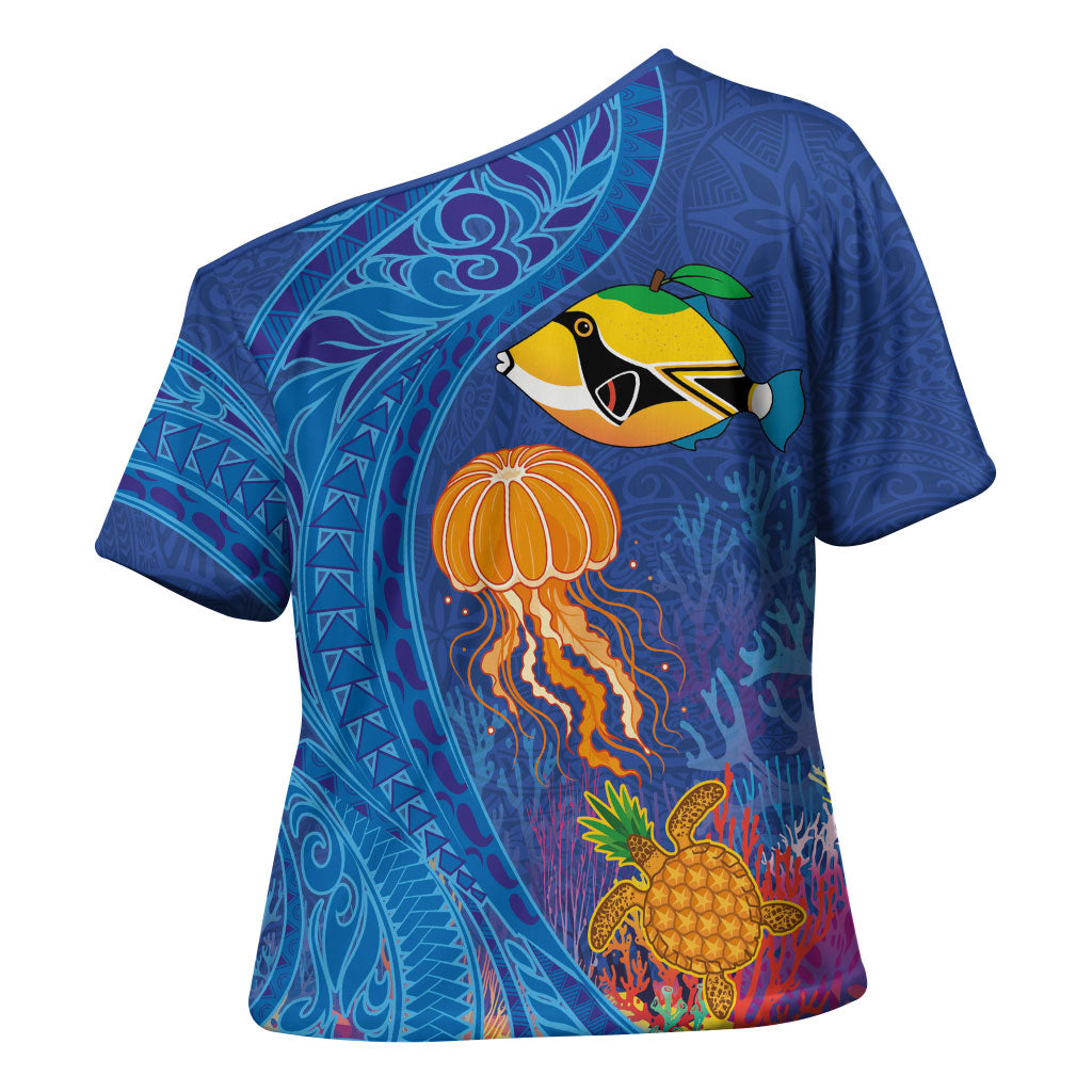 Hawaiian Funny Fruits Sea Animals Cross Shoulder Shirt Mango Reef Triggerfish and Pineapple Turtle and Mandarin Jellyfish LT03 - Polynesian Pride