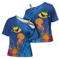 Hawaiian Funny Fruits Sea Animals Cross Shoulder Shirt Mango Reef Triggerfish and Pineapple Turtle and Mandarin Jellyfish LT03 - Polynesian Pride