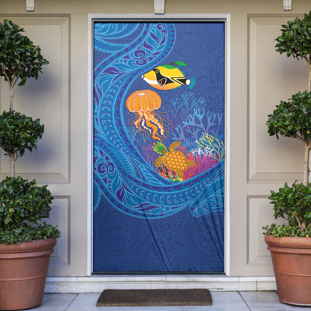 Hawaiian Funny Fruits Sea Animals Door Cover Mango Reef Triggerfish and Pineapple Turtle and Mandarin Jellyfish LT03 Blue - Polynesian Pride