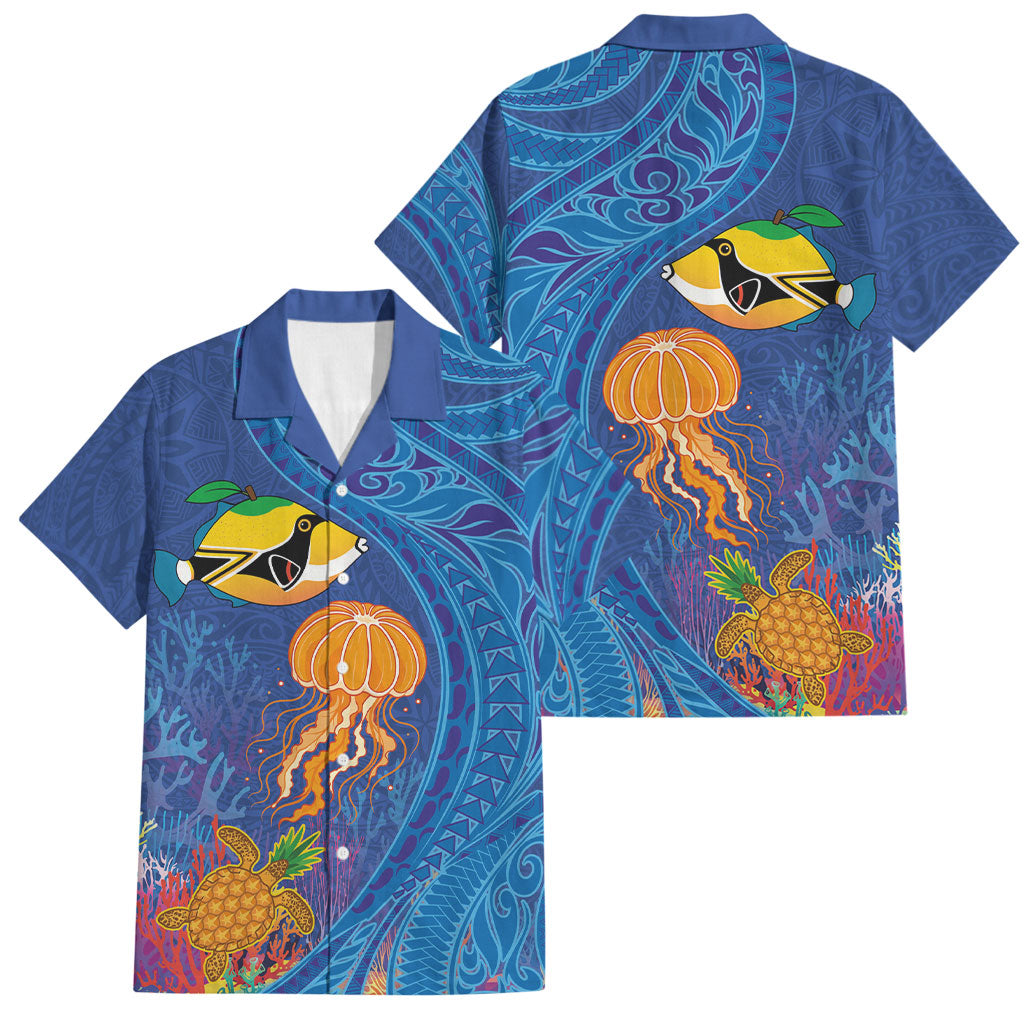 Hawaiian Funny Fruits Sea Animals Family Matching Off The Shoulder Long Sleeve Dress and Hawaiian Shirt Mango Reef Triggerfish and Pineapple Turtle and Mandarin Jellyfish LT03 Dad's Shirt - Short Sleeve Blue - Polynesian Pride