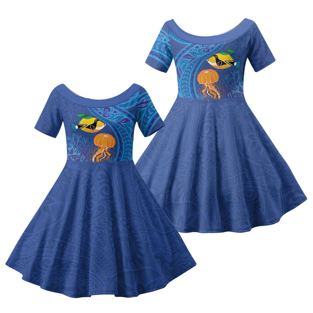 Hawaiian Funny Fruits Sea Animals Family Matching Off The Shoulder Long Sleeve Dress and Hawaiian Shirt Mango Reef Triggerfish and Pineapple Turtle and Mandarin Jellyfish LT03 Daughter's Dress Blue - Polynesian Pride