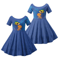 Hawaiian Funny Fruits Sea Animals Family Matching Off The Shoulder Long Sleeve Dress and Hawaiian Shirt Mango Reef Triggerfish and Pineapple Turtle and Mandarin Jellyfish LT03 Daughter's Dress Blue - Polynesian Pride