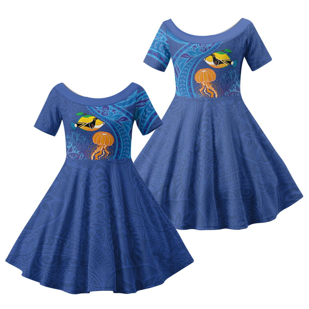 Hawaiian Funny Fruits Sea Animals Family Matching Off Shoulder Maxi Dress and Hawaiian Shirt Mango Reef Triggerfish and Pineapple Turtle and Mandarin Jellyfish LT03 Daughter's Dress Blue - Polynesian Pride