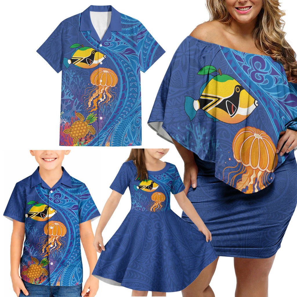 Hawaiian Funny Fruits Sea Animals Family Matching Off Shoulder Short Dress and Hawaiian Shirt Mango Reef Triggerfish and Pineapple Turtle and Mandarin Jellyfish