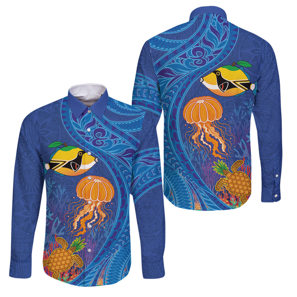 Hawaiian Funny Fruits Sea Animals Family Matching Short Sleeve Bodycon Dress and Hawaiian Shirt Mango Reef Triggerfish and Pineapple Turtle and Mandarin Jellyfish LT03 Dad's Shirt - Long Sleeve Blue - Polynesian Pride