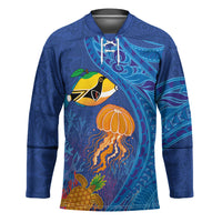 Hawaiian Funny Fruits Sea Animals Hockey Jersey Mango Reef Triggerfish and Pineapple Turtle and Mandarin Jellyfish LT03 Unisex Blue - Polynesian Pride
