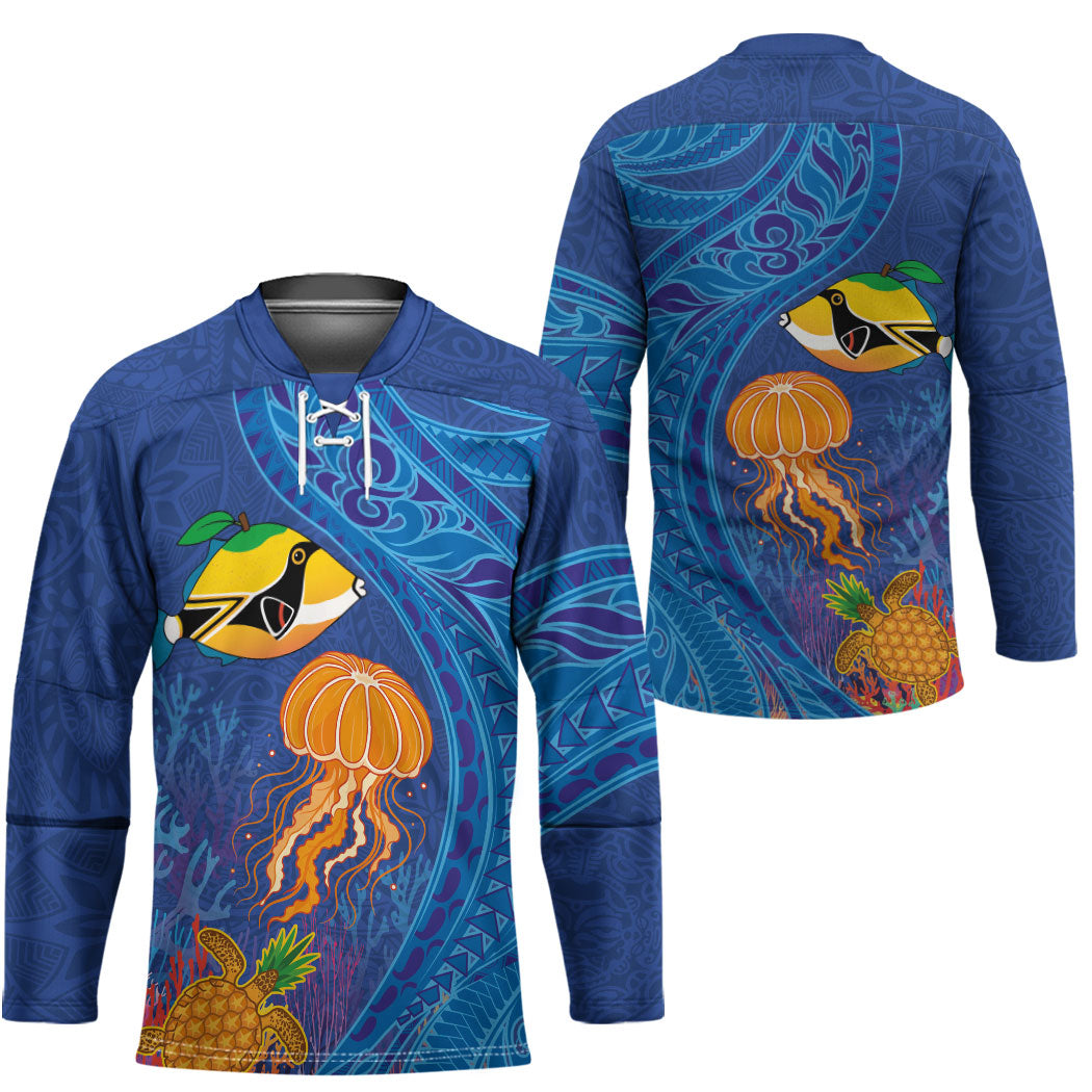 Hawaiian Funny Fruits Sea Animals Hockey Jersey Mango Reef Triggerfish and Pineapple Turtle and Mandarin Jellyfish LT03 - Polynesian Pride