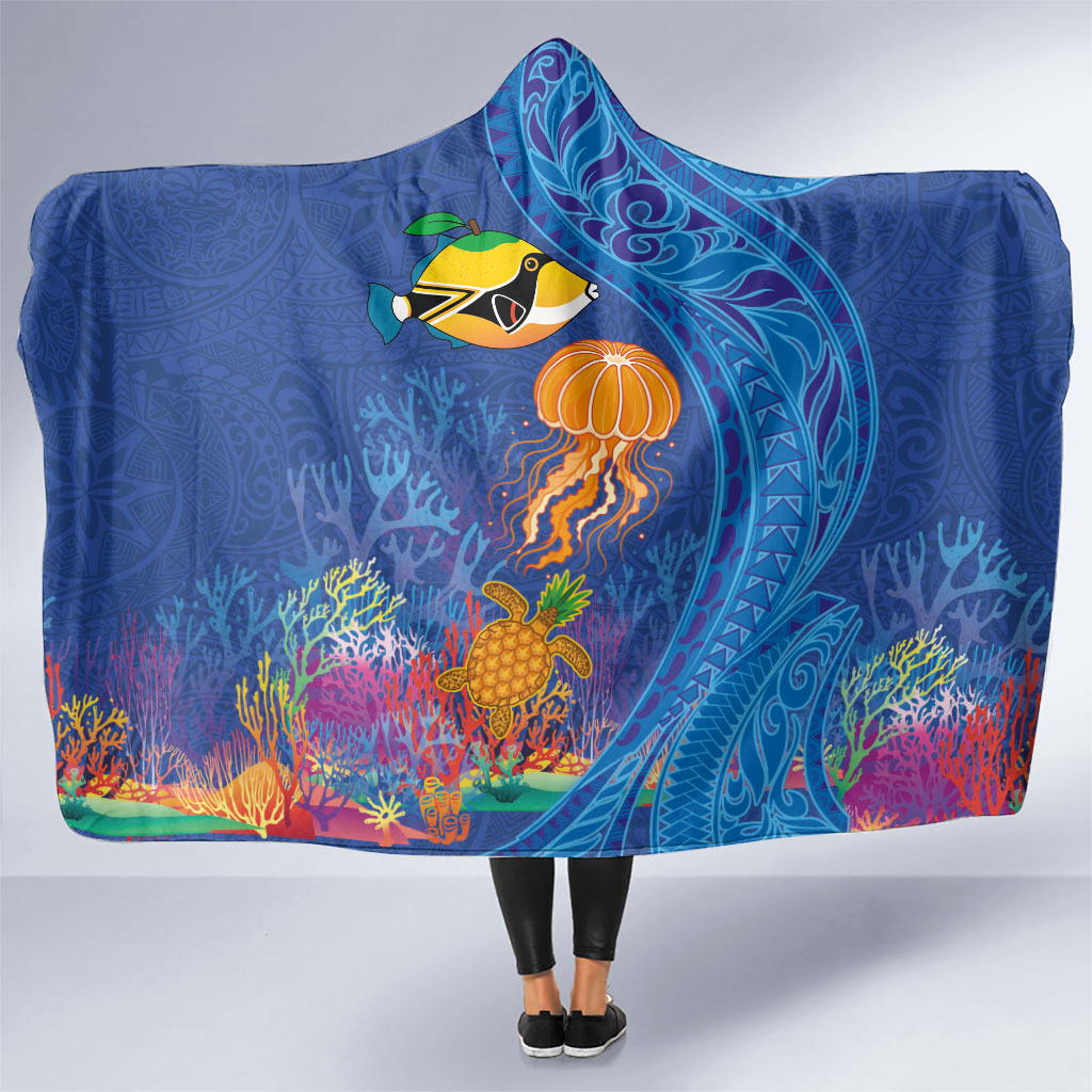 Hawaiian Funny Fruits Sea Animals Hooded Blanket Mango Reef Triggerfish and Pineapple Turtle and Mandarin Jellyfish LT03 One Size Blue - Polynesian Pride