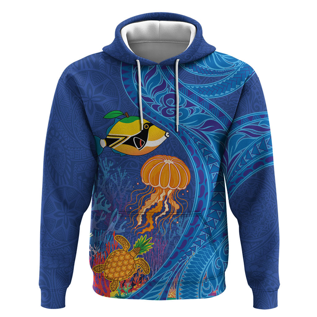 Hawaiian Funny Fruits Sea Animals Hoodie Mango Reef Triggerfish and Pineapple Turtle and Mandarin Jellyfish