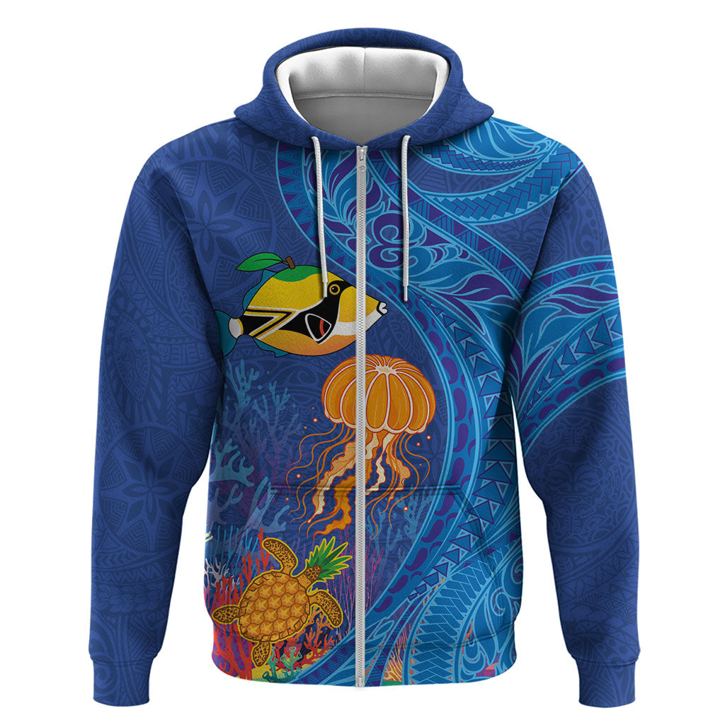 Hawaiian Funny Fruits Sea Animals Hoodie Mango Reef Triggerfish and Pineapple Turtle and Mandarin Jellyfish