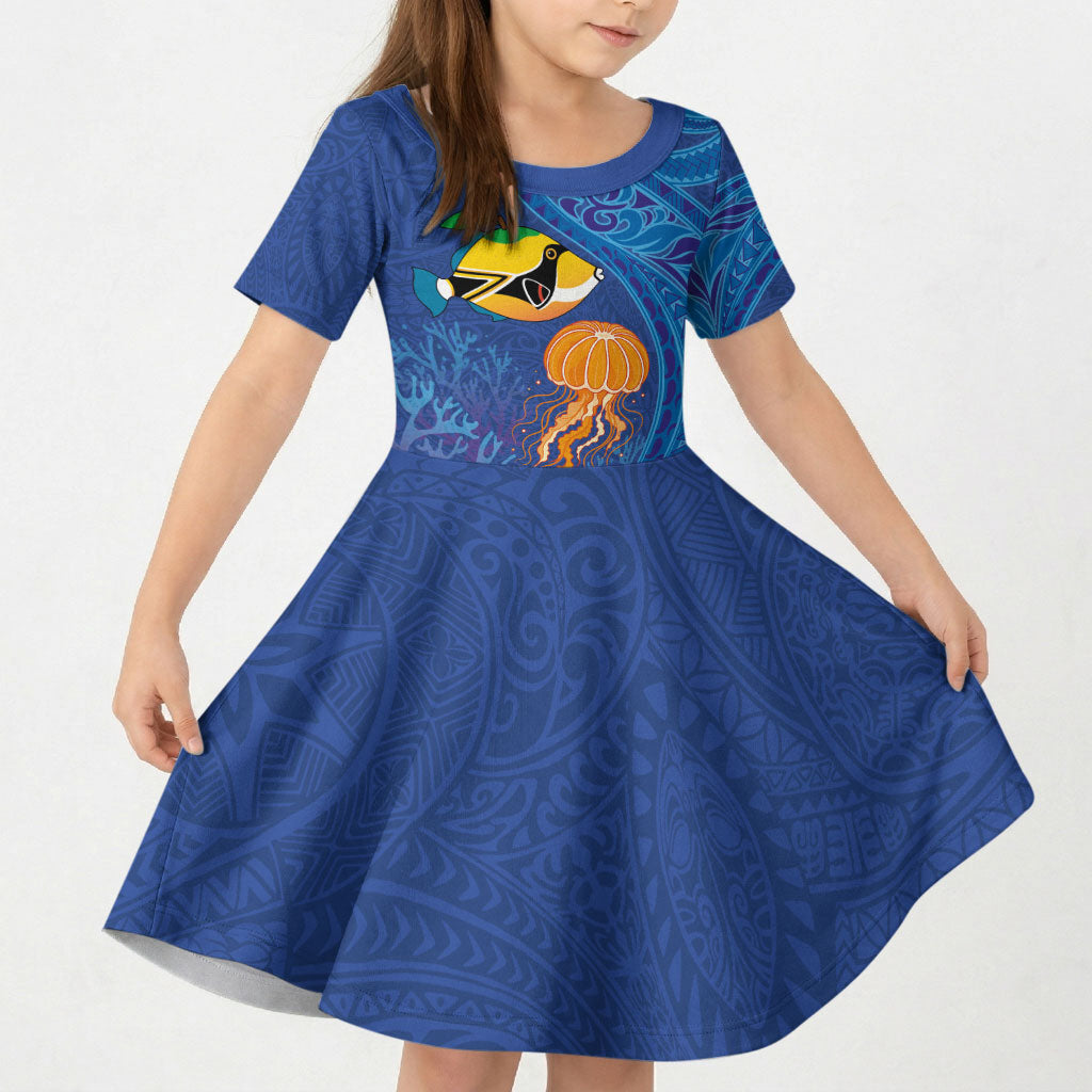 Hawaiian Funny Fruits Sea Animals Kid Short Sleeve Dress Mango Reef Triggerfish and Pineapple Turtle and Mandarin Jellyfish LT03 KID Blue - Polynesian Pride
