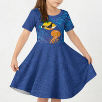 Hawaiian Funny Fruits Sea Animals Kid Short Sleeve Dress Mango Reef Triggerfish and Pineapple Turtle and Mandarin Jellyfish LT03 KID Blue - Polynesian Pride