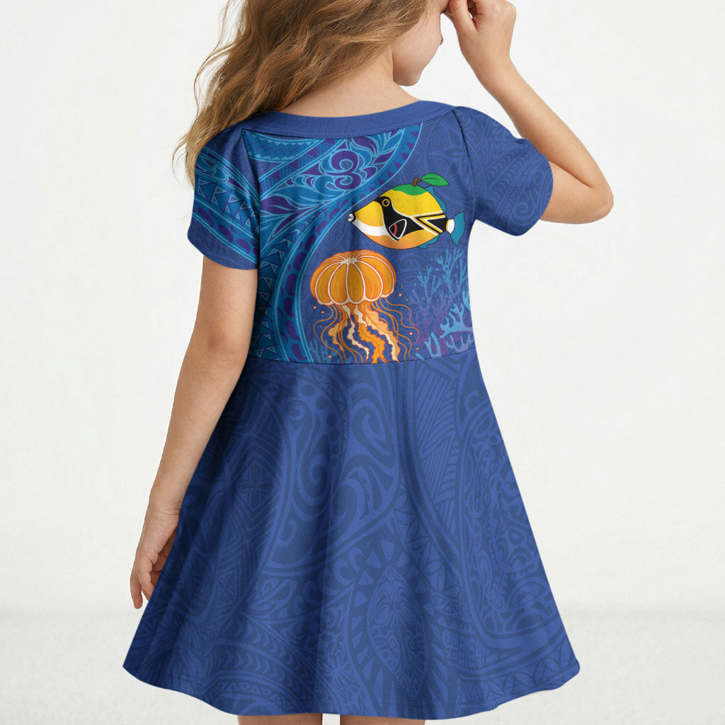 Hawaiian Funny Fruits Sea Animals Kid Short Sleeve Dress Mango Reef Triggerfish and Pineapple Turtle and Mandarin Jellyfish LT03 - Polynesian Pride