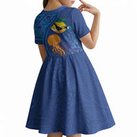 Hawaiian Funny Fruits Sea Animals Kid Short Sleeve Dress Mango Reef Triggerfish and Pineapple Turtle and Mandarin Jellyfish LT03 - Polynesian Pride