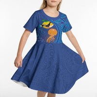 Hawaiian Funny Fruits Sea Animals Kid Short Sleeve Dress Mango Reef Triggerfish and Pineapple Turtle and Mandarin Jellyfish LT03 - Polynesian Pride