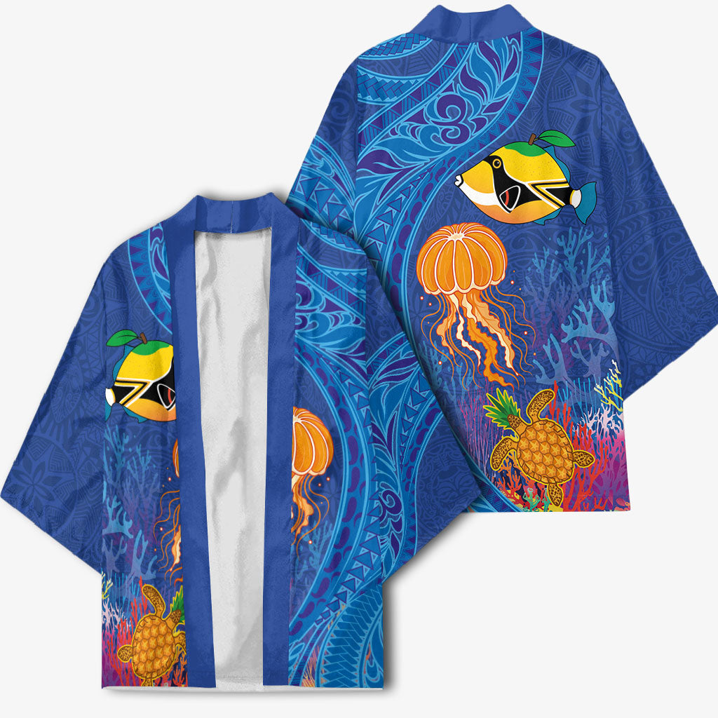 Hawaiian Funny Fruits Sea Animals Kimono Mango Reef Triggerfish and Pineapple Turtle and Mandarin Jellyfish LT03 - Polynesian Pride