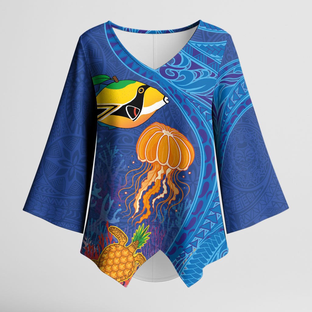 Hawaiian Funny Fruits Sea Animals Kimono Sleeve Blouse Mango Reef Triggerfish and Pineapple Turtle and Mandarin Jellyfish LT03 Female Blue - Polynesian Pride