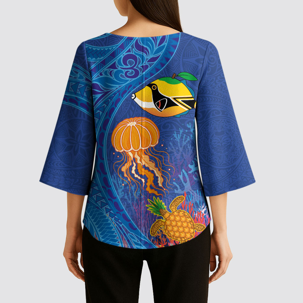 Hawaiian Funny Fruits Sea Animals Kimono Sleeve Blouse Mango Reef Triggerfish and Pineapple Turtle and Mandarin Jellyfish LT03 - Polynesian Pride