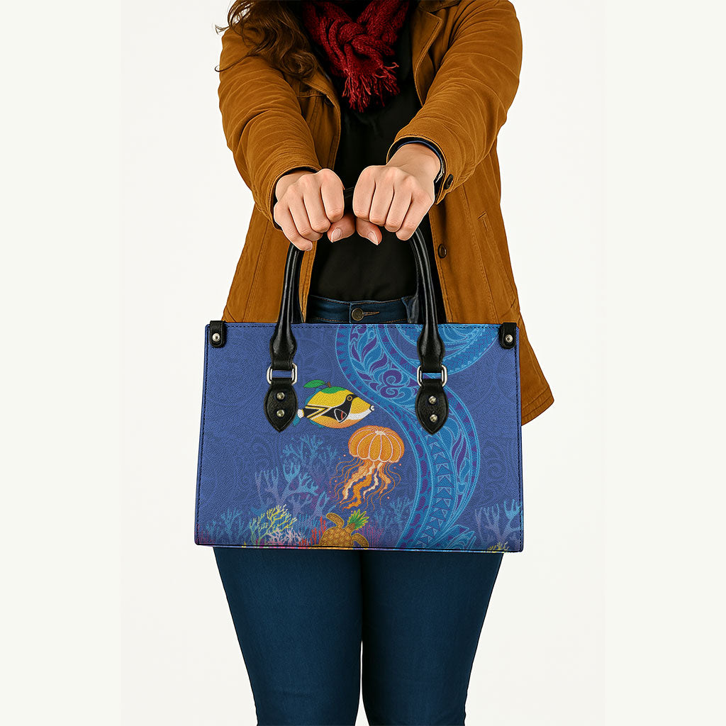 Hawaiian Funny Fruits Sea Animals Leather Bag Mango Reef Triggerfish and Pineapple Turtle and Mandarin Jellyfish LT03 - Polynesian Pride