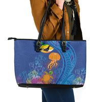 Hawaiian Funny Fruits Sea Animals Leather Tote Bag Mango Reef Triggerfish and Pineapple Turtle and Mandarin Jellyfish LT03 - Polynesian Pride