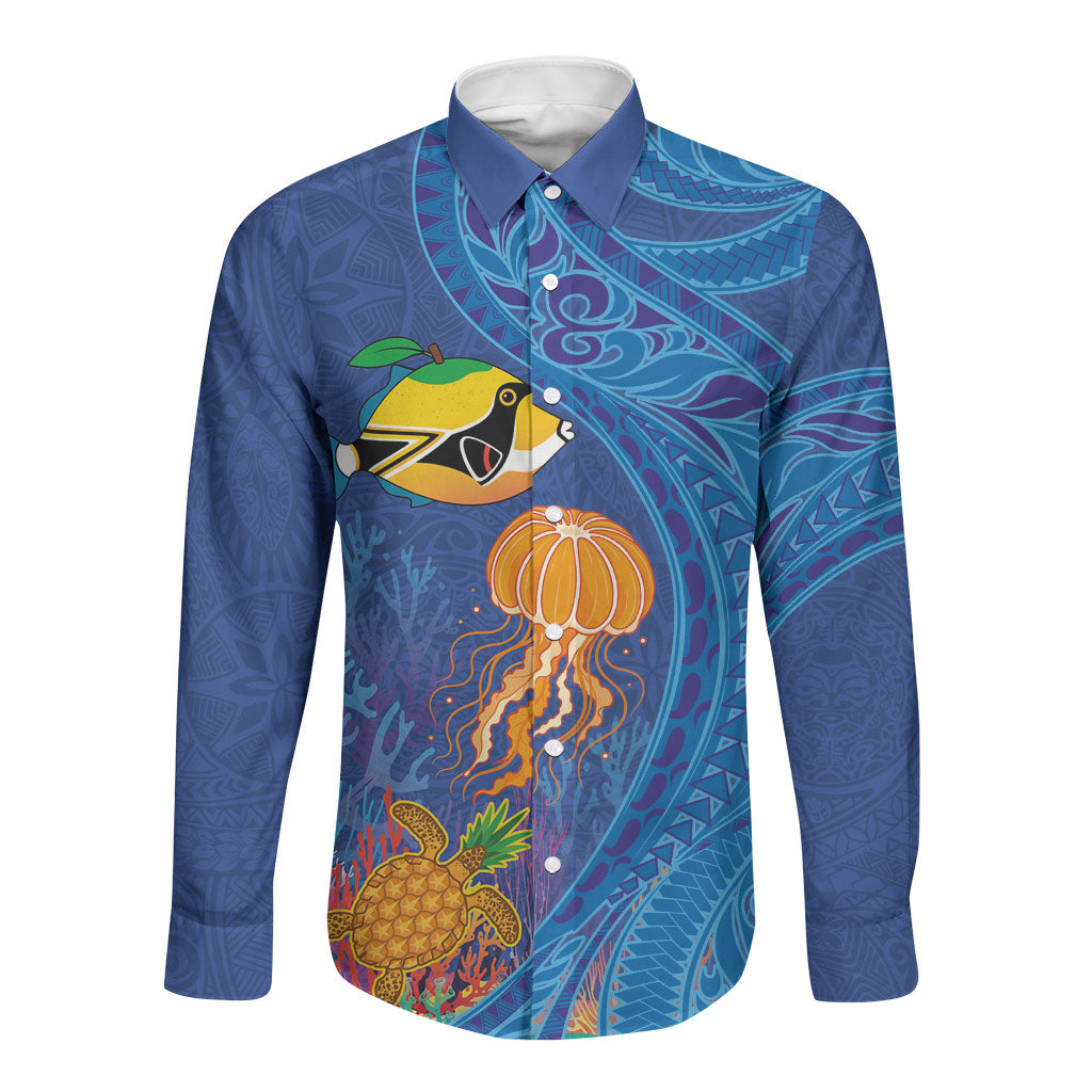 Hawaiian Funny Fruits Sea Animals Long Sleeve Button Shirt Mango Reef Triggerfish and Pineapple Turtle and Mandarin Jellyfish LT03 Unisex Blue - Polynesian Pride