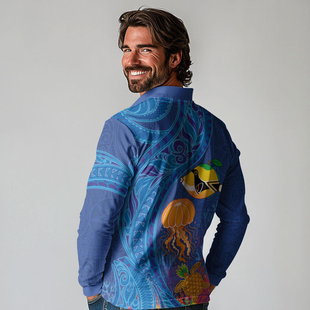 Hawaiian Funny Fruits Sea Animals Long Sleeve Polo Shirt Mango Reef Triggerfish and Pineapple Turtle and Mandarin Jellyfish LT03 - Polynesian Pride