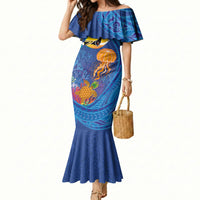 Hawaiian Funny Fruits Sea Animals Mermaid Dress Mango Reef Triggerfish and Pineapple Turtle and Mandarin Jellyfish LT03 Women Blue - Polynesian Pride
