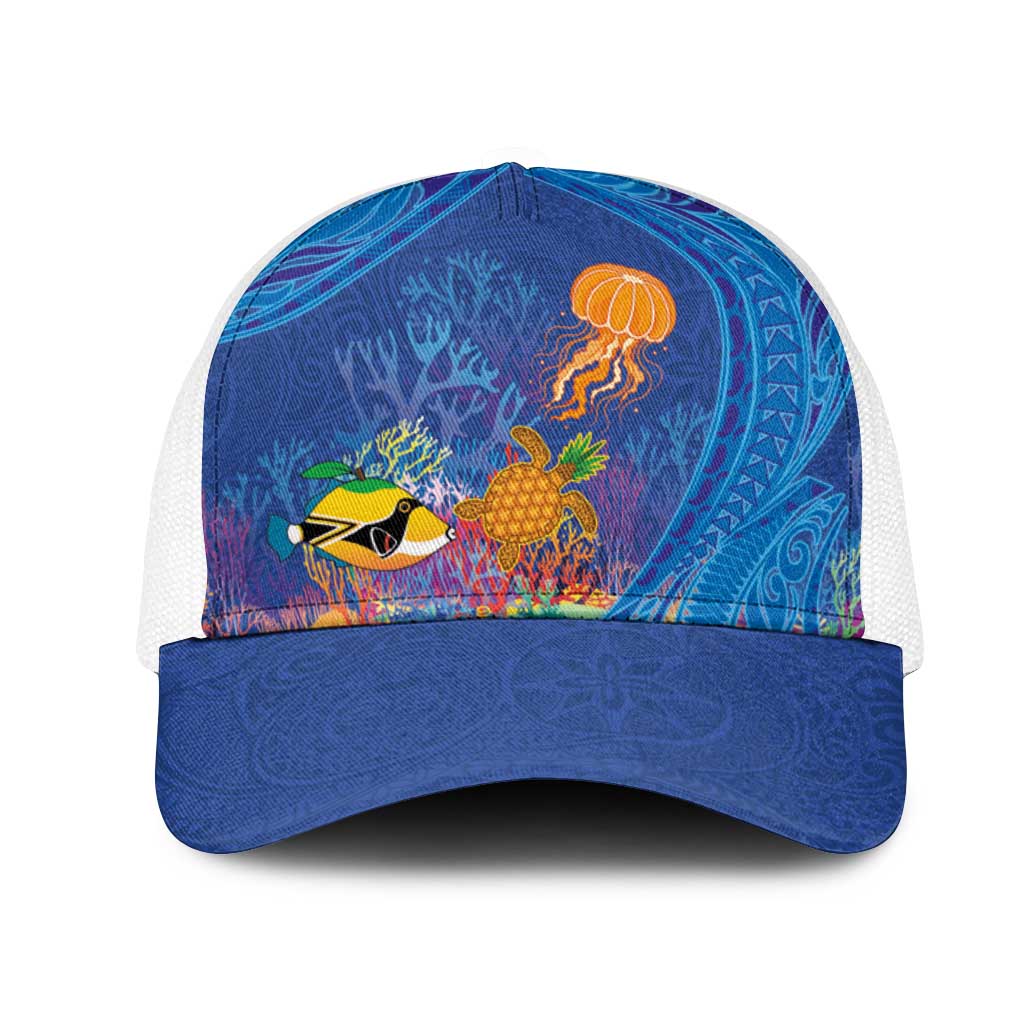Hawaiian Funny Fruits Sea Animals Mesh Trucker Cap Mango Reef Triggerfish and Pineapple Turtle and Mandarin Jellyfish