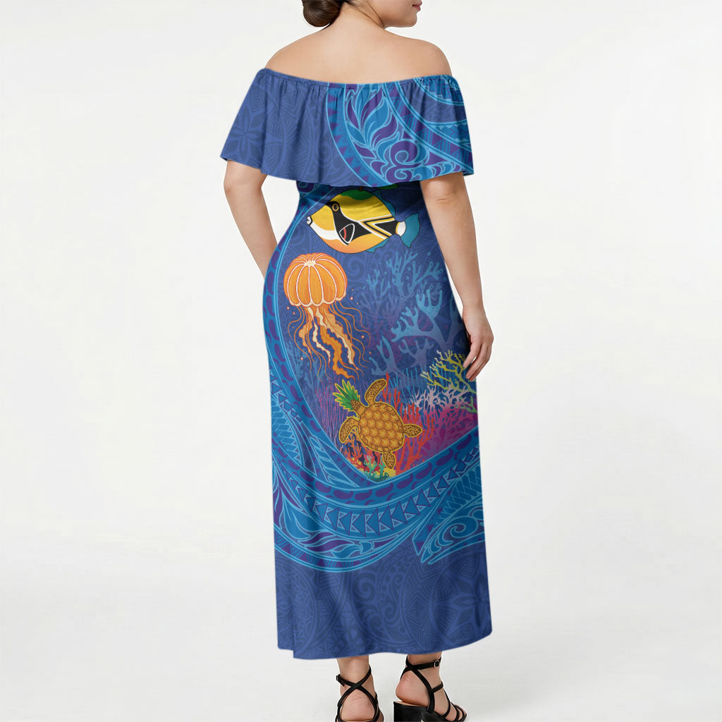 Hawaiian Funny Fruits Sea Animals Off Shoulder Maxi Dress Mango Reef Triggerfish and Pineapple Turtle and Mandarin Jellyfish LT03 - Polynesian Pride