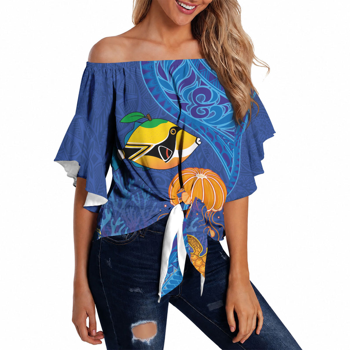 Hawaiian Funny Fruits Sea Animals Off Shoulder Wrap Waist Top Mango Reef Triggerfish and Pineapple Turtle and Mandarin Jellyfish LT03 Blue - Polynesian Pride