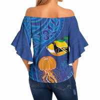 Hawaiian Funny Fruits Sea Animals Off Shoulder Wrap Waist Top Mango Reef Triggerfish and Pineapple Turtle and Mandarin Jellyfish LT03 - Polynesian Pride