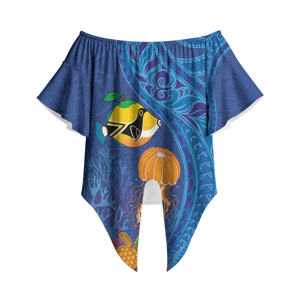 Hawaiian Funny Fruits Sea Animals Off Shoulder Wrap Waist Top Mango Reef Triggerfish and Pineapple Turtle and Mandarin Jellyfish LT03 - Polynesian Pride