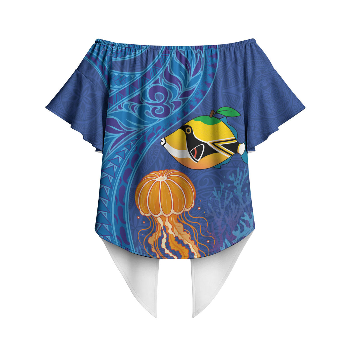Hawaiian Funny Fruits Sea Animals Off Shoulder Wrap Waist Top Mango Reef Triggerfish and Pineapple Turtle and Mandarin Jellyfish LT03 - Polynesian Pride