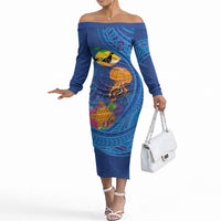 Hawaiian Funny Fruits Sea Animals Off The Shoulder Long Sleeve Dress Mango Reef Triggerfish and Pineapple Turtle and Mandarin Jellyfish LT03 Women Blue - Polynesian Pride