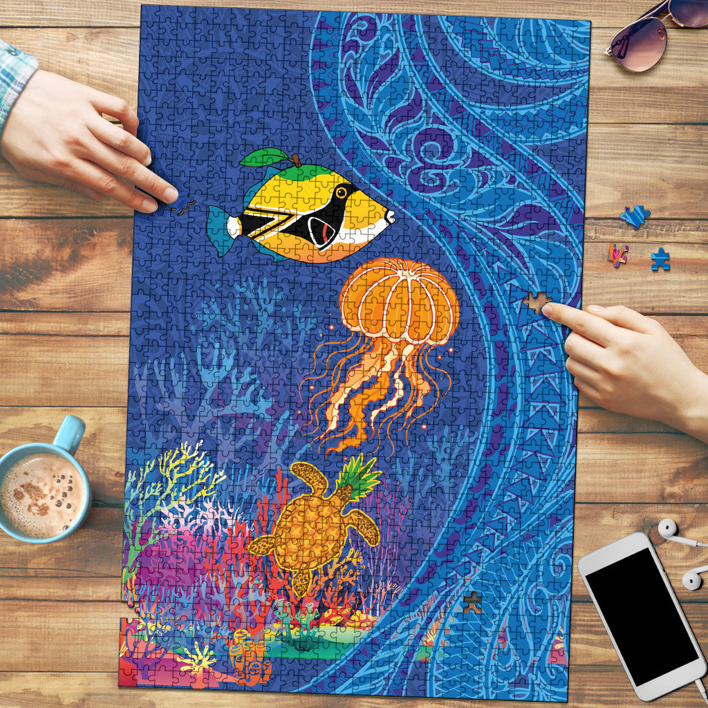 Hawaiian Funny Fruits Sea Animals Puzzle Mango Reef Triggerfish and Pineapple Turtle and Mandarin Jellyfish