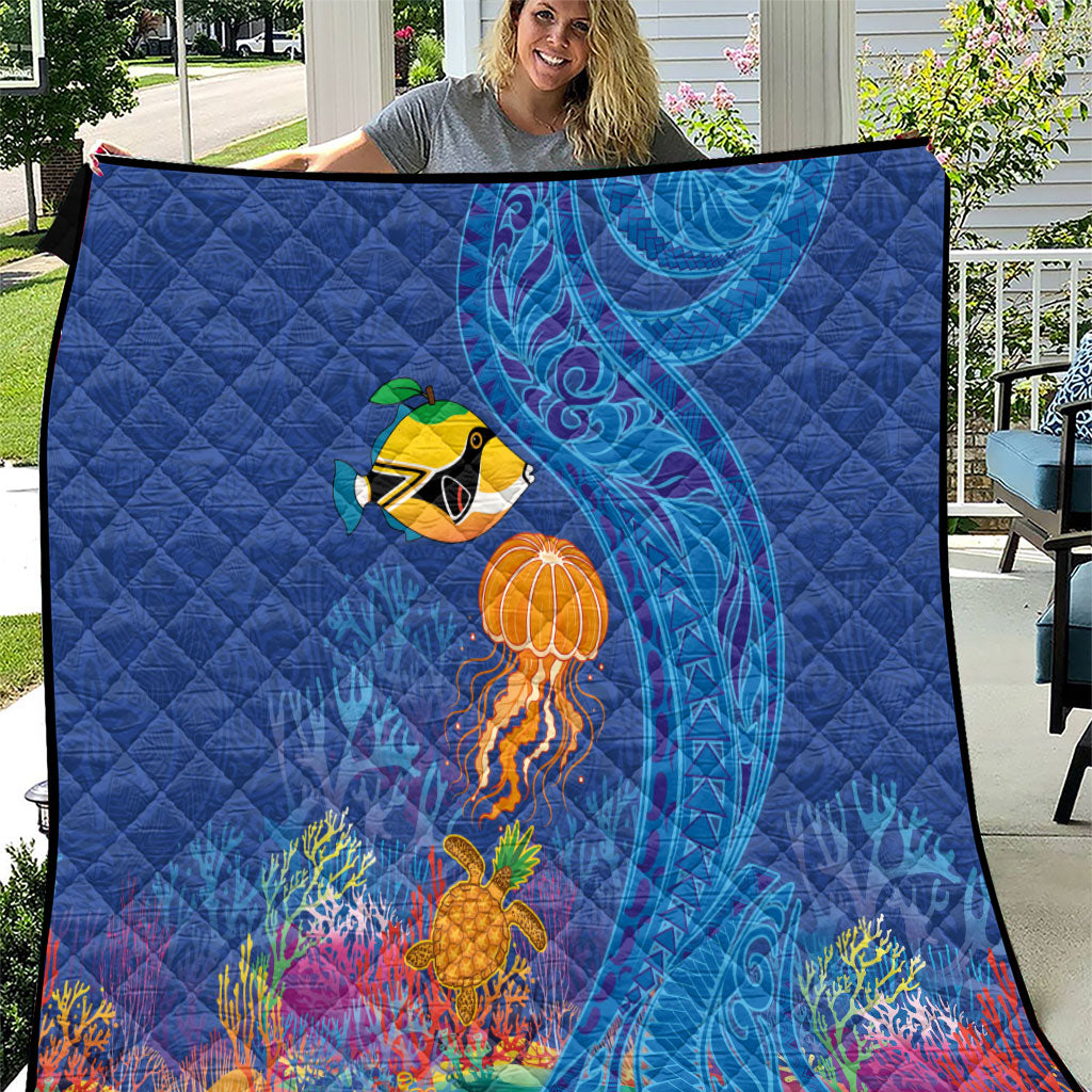 Hawaiian Funny Fruits Sea Animals Quilt Mango Reef Triggerfish and Pineapple Turtle and Mandarin Jellyfish LT03 Blue - Polynesian Pride