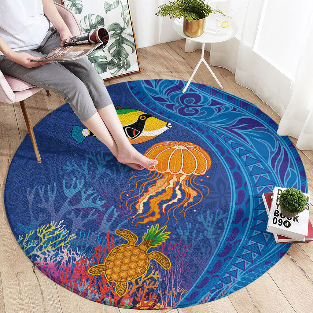 Hawaiian Funny Fruits Sea Animals Round Carpet Mango Reef Triggerfish and Pineapple Turtle and Mandarin Jellyfish LT03 - Polynesian Pride