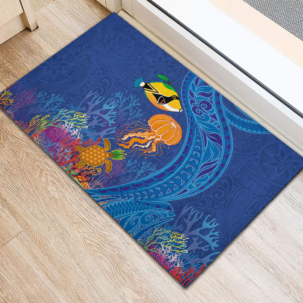Hawaiian Funny Fruits Sea Animals Rubber Doormat Mango Reef Triggerfish and Pineapple Turtle and Mandarin Jellyfish LT03 - Polynesian Pride