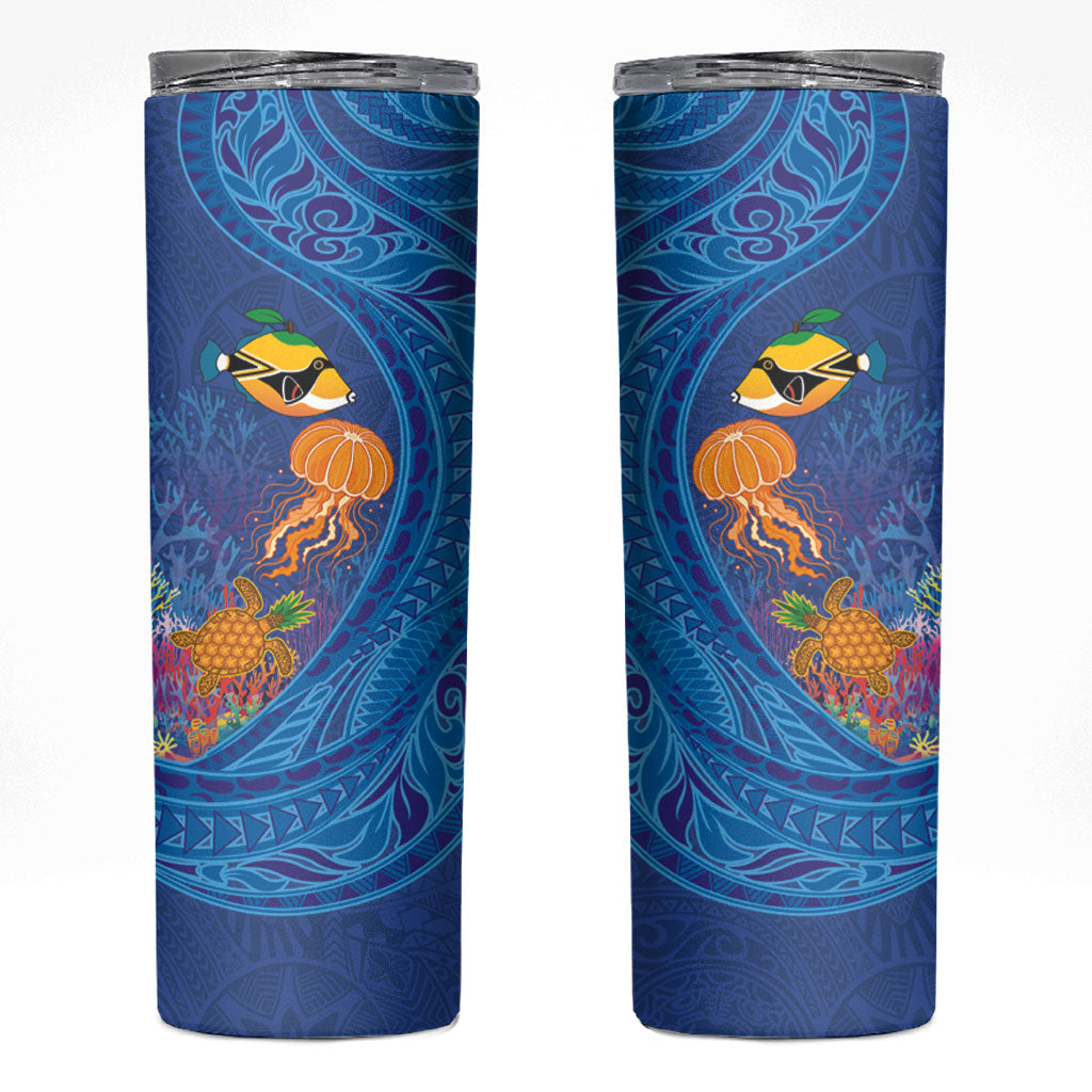 Hawaiian Funny Fruits Sea Animals Skinny Tumbler Mango Reef Triggerfish and Pineapple Turtle and Mandarin Jellyfish LT03 Blue - Polynesian Pride