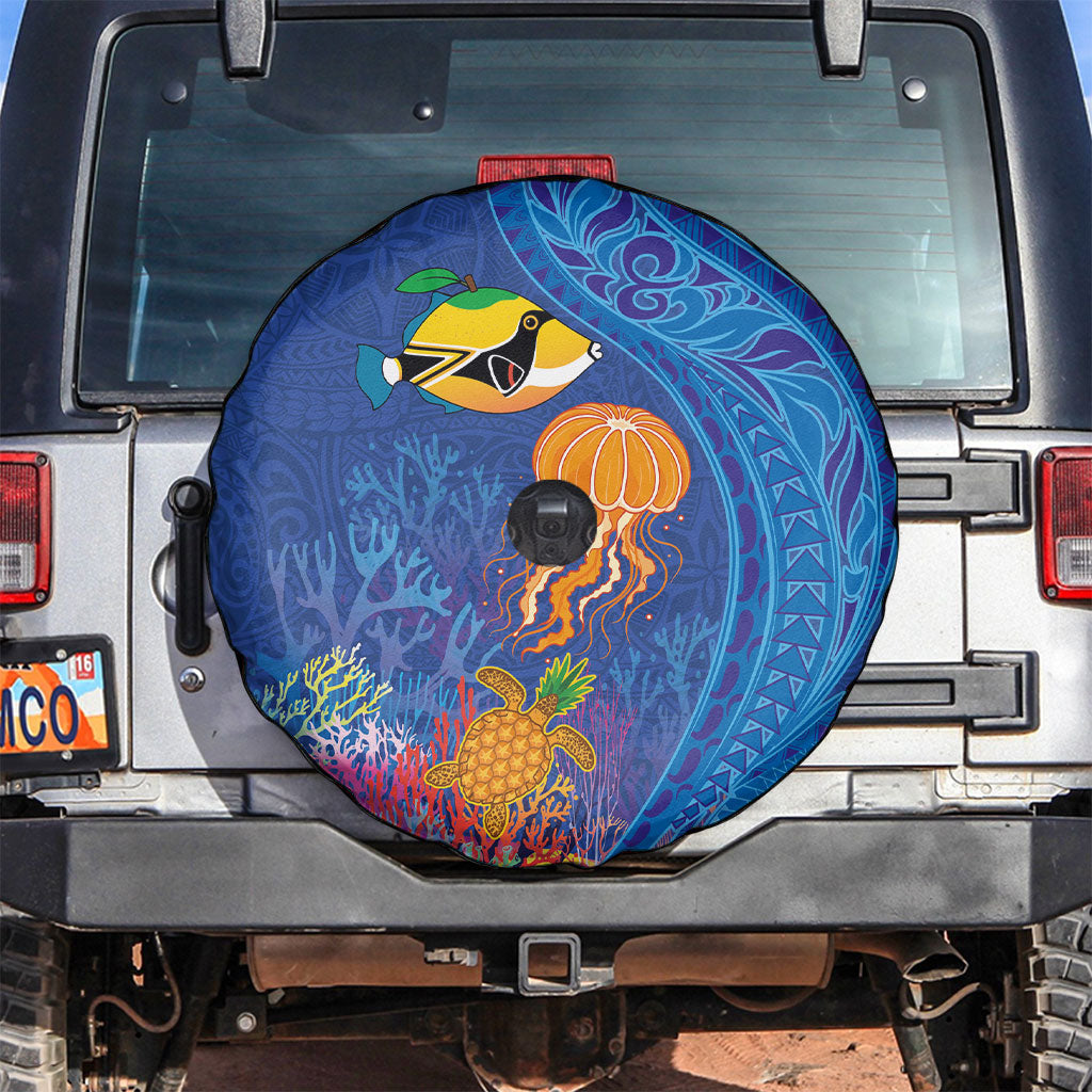 Hawaiian Funny Fruits Sea Animals Spare Tire Cover Mango Reef Triggerfish and Pineapple Turtle and Mandarin Jellyfish LT03 Blue - Polynesian Pride