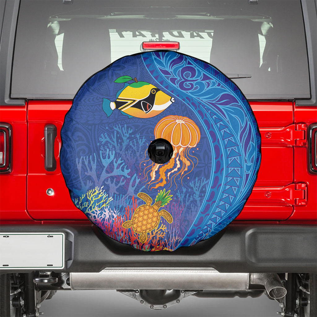 Hawaiian Funny Fruits Sea Animals Spare Tire Cover Mango Reef Triggerfish and Pineapple Turtle and Mandarin Jellyfish LT03 - Polynesian Pride
