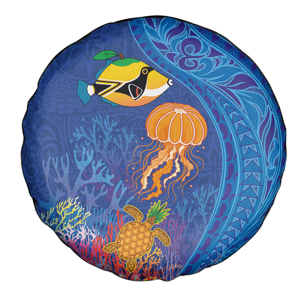 Hawaiian Funny Fruits Sea Animals Spare Tire Cover Mango Reef Triggerfish and Pineapple Turtle and Mandarin Jellyfish LT03 - Polynesian Pride