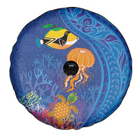 Hawaiian Funny Fruits Sea Animals Spare Tire Cover Mango Reef Triggerfish and Pineapple Turtle and Mandarin Jellyfish LT03 - Polynesian Pride